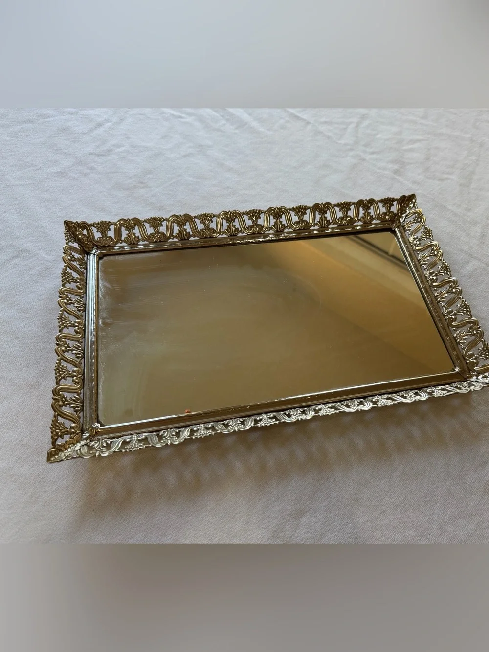 VTG Ornate Silver Filigree Rectangular Vanity Mirror with Decorative Frame